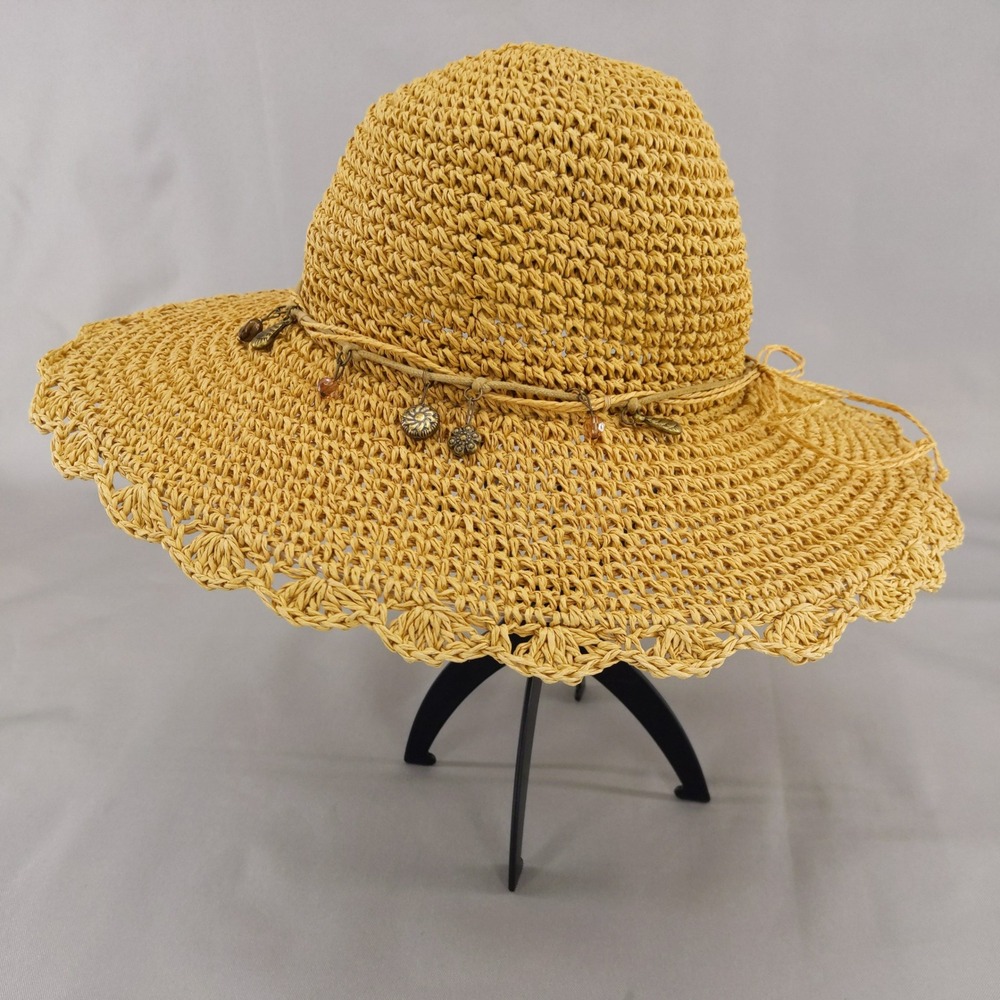 Scala Collezione Sun Hat Yellow Woven Paper Straw Scalloped Brim Shell Charms